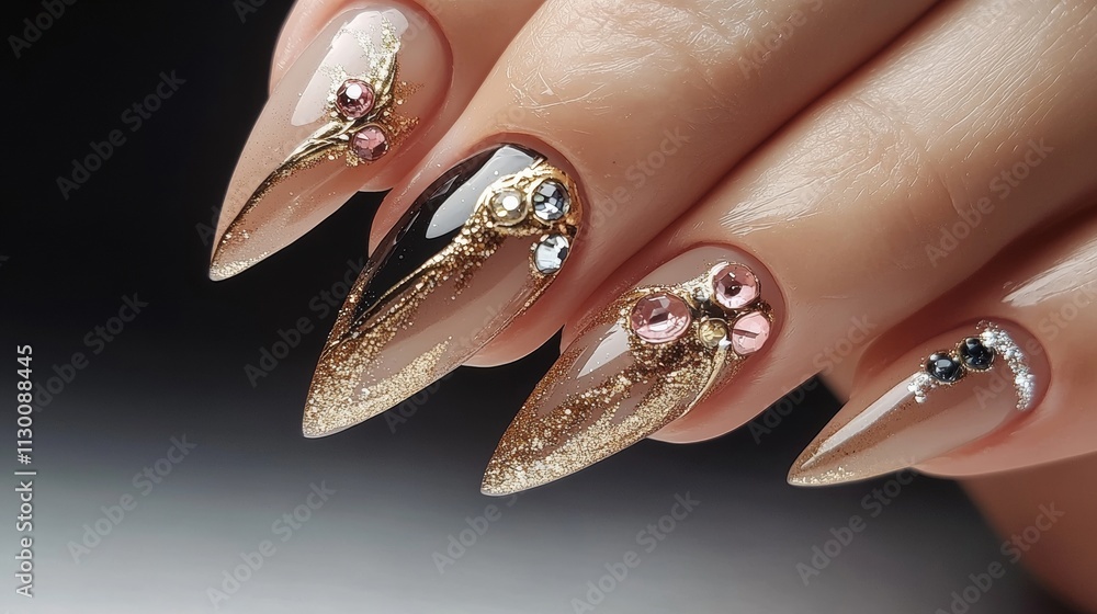 Golden nail art manicure with gems and sparkles. Stylish nails with fashionable rings Golden nail art manicure with gems and sparkles. Stylish nails with fashionable rings