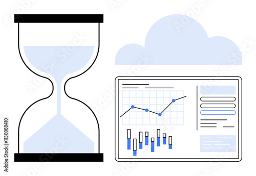 Hourglass and digital analytics dashboard with graphs under cloud icon representing cloud storage. Ideal for business reports, time management, data analytics, project planning, productivity tools