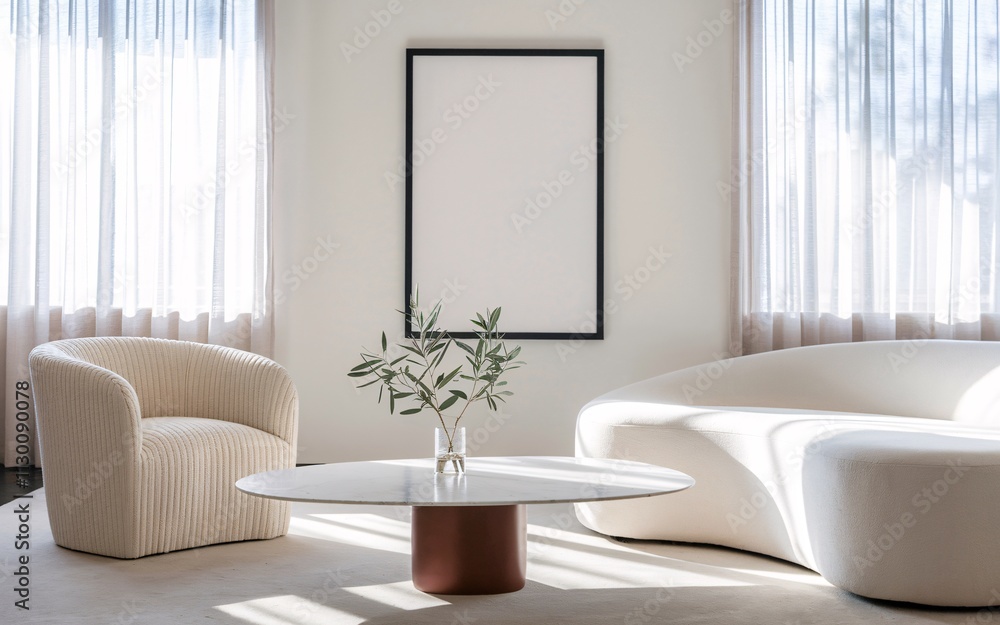 Fototapeta premium Frame mockup, Living room wall poster mockup. Interior mockup with house background. Modern interior design