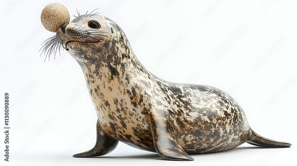 Obraz premium Playful Harbor Seal Pup: A charming seal pup balances a ball on its nose, capturing the playful spirit of these delightful marine creatures. 
