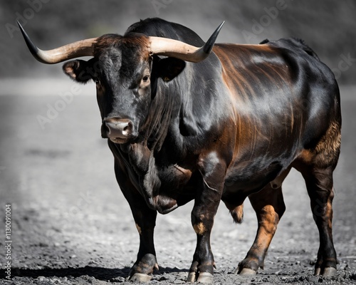 A high-resolution photo of a large black bull standing squarely and facing the camera. photo