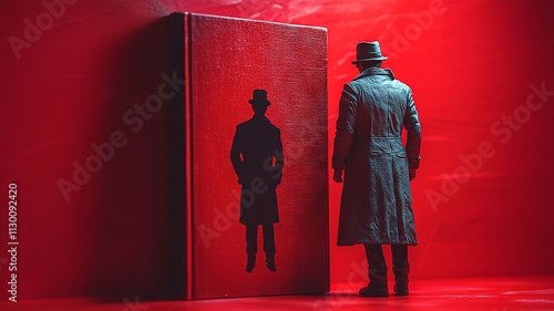 Mysterious figure with shadow standing next to a red book photo