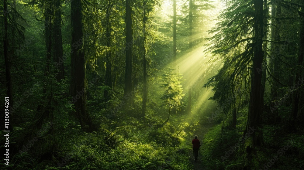 Obraz premium A serene forest scene with sunlight filtering through tall trees, creating a tranquil atmosphere.