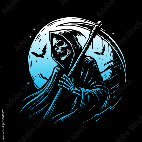 drawing vector of scary grim reaper the death silhouette in the dark	and moon for t-shirt design
