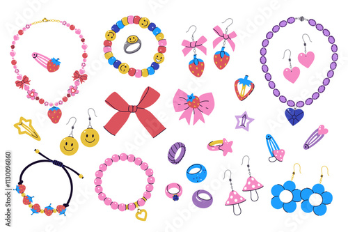 Set of cute girly accessories rings, earrings, necklaces, hairpins, bracelets. Vector graphics.