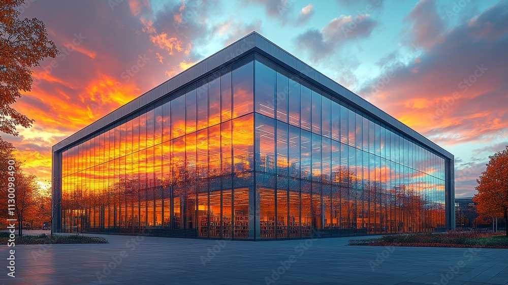 Obraz premium Modern Glass Building Reflecting Sunset Colors