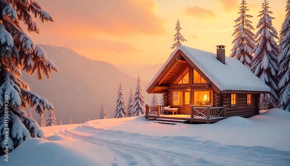 Fototapeta premium Happy New Year landscape design with a cozy winter cabin and snow-covered ground, soft pastel peach background.