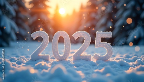 Elegant Happy New Year 2025 text design with delicate snowflakes falling, soft-focus pine trees in a snowy landscape under a golden sunset