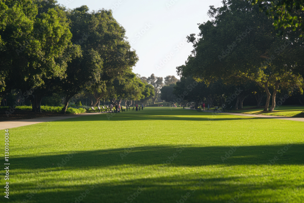 Obraz premium A park with a large grassy field and trees