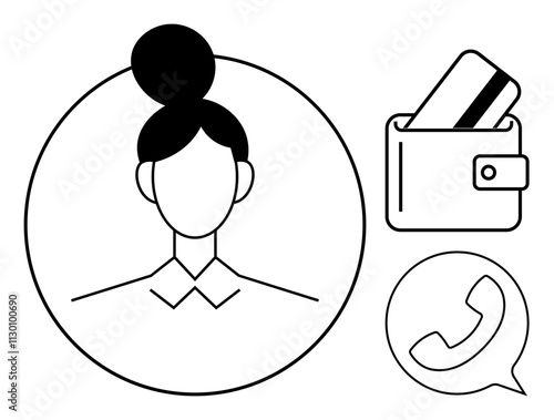 Womans headshot inside circle, wallet with credit card, and phone call icon. Ideal for business, communication, finance, technology, customer service personal branding marketing. Line metaphor