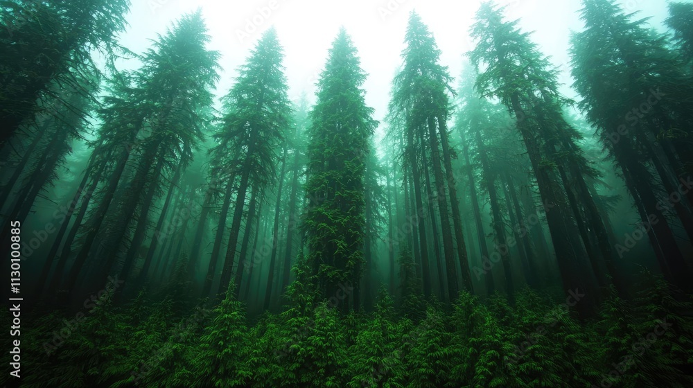 Obraz premium Misty forest scene with tall green trees and lush undergrowth, creating a serene atmosphere.