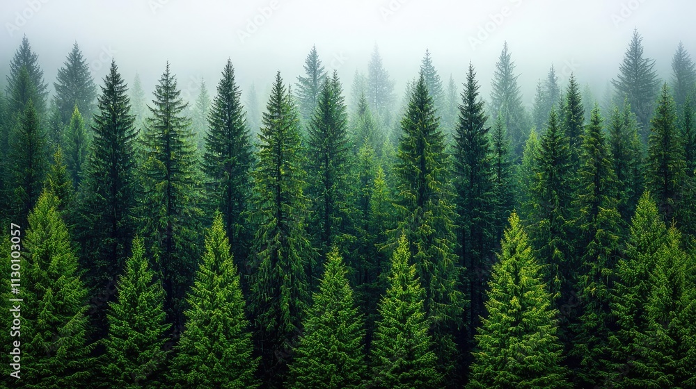 Obraz premium A serene forest scene with tall pine trees enveloped in gentle mist and soft green hues.