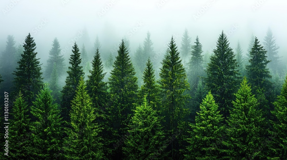 Fototapeta premium Serene forest landscape shrouded in mist, showcasing lush green coniferous trees.