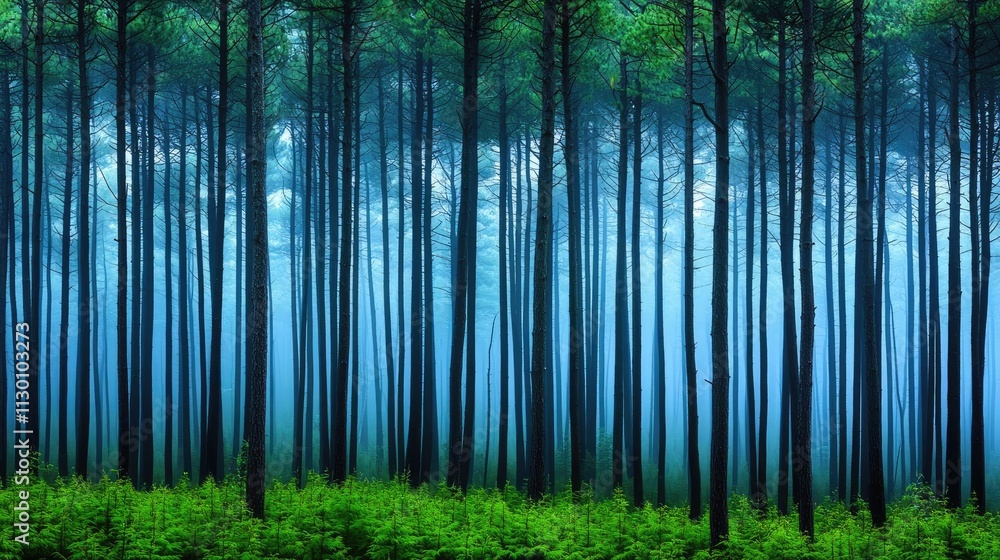 Naklejka premium Misty forest showcasing tall trees and vibrant green foliage, evoking tranquility and peace.