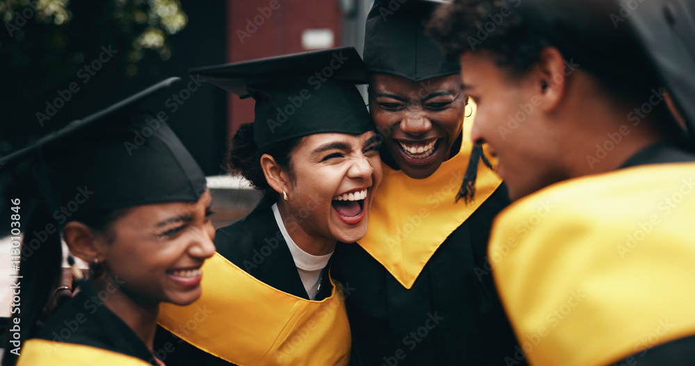 Obraz premium Education, excitement and graduation with group of friends on college or university campus together. Celebration, smile and success with happy graduate or student people cheering for milestone goals