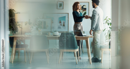Bild auf Leinwand Business, people and handshake at office for greeting or welcome to job interview or new job