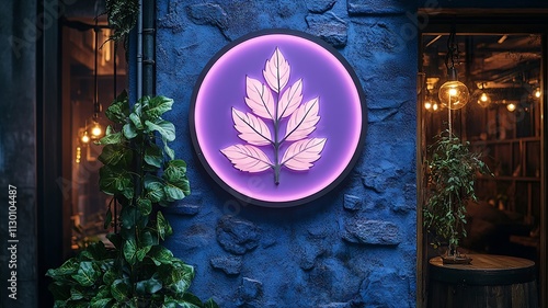 Neon light sign with plant motif on urban wall photo