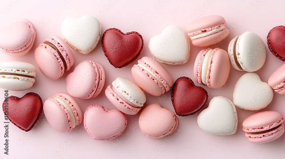 Obraz premium heart shape food minimal concept. Colorful assortment of heart-shaped and round macarons in pink and red hues.