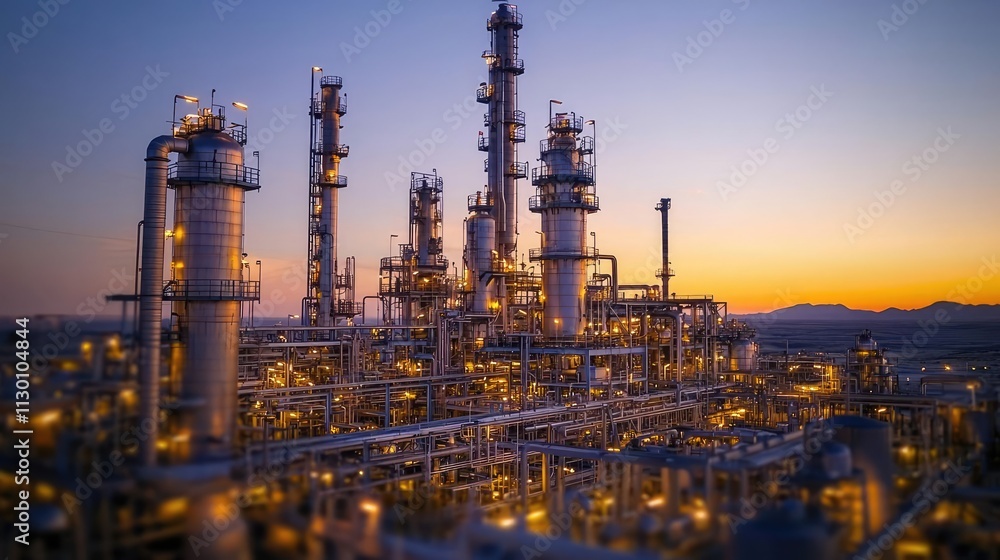 custom made wallpaper toronto digitalDramatic sunset over a bustling oil refinery with illuminated structures and technology.