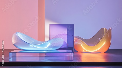 A glass podium with retro-colored floating forms and minimal neon wave accents  photo