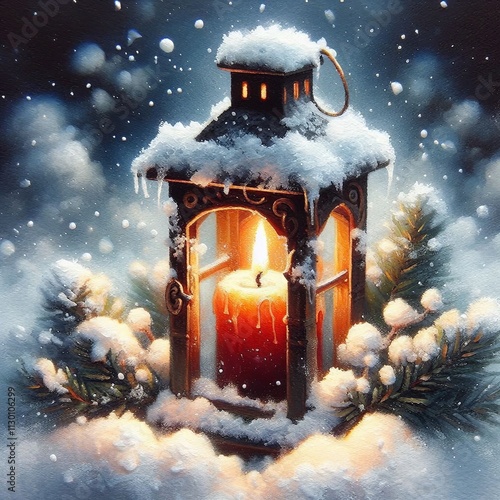 Candlelit Lantern in Winter Snowfall photo