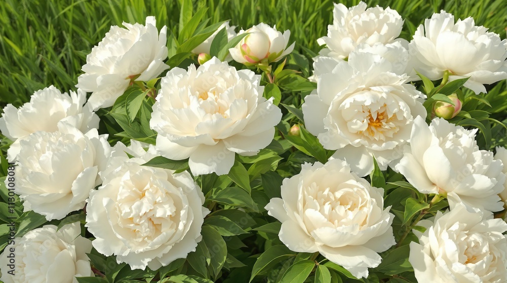 Fototapeta premium Beautiful white peonies in full bloom against a grassy garden backdrop, blossom, vibrant