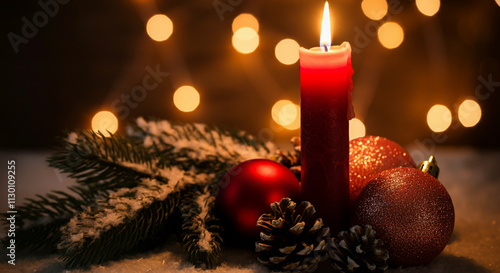 A glowing red candle surrou...