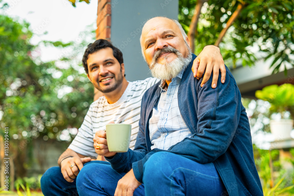 Fototapeta premium Indian Asian Elderly father and adult son enjoying a cheerful conversation on the porch, bonding