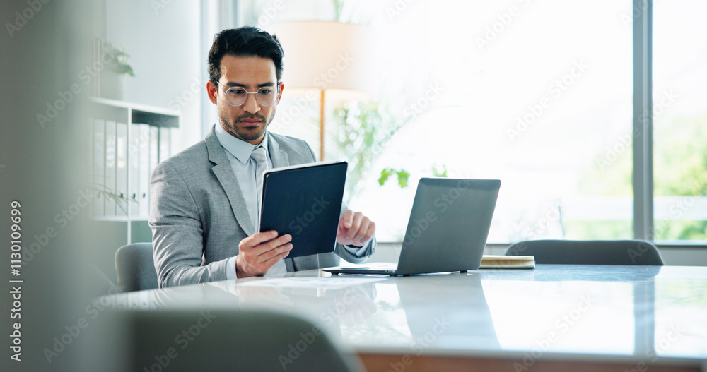 © peopleimages.com - Tablet, research and reading with business man in office for planning, finance and company budget. Networking, communication and client email with person in corporate firm for feedback on sales