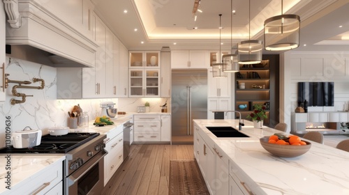A contemporary kitchen with white cabinets, marble countertops