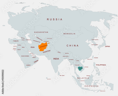 Political Map of Asia Highlighting Afghanistan and  cambodia With Country Names