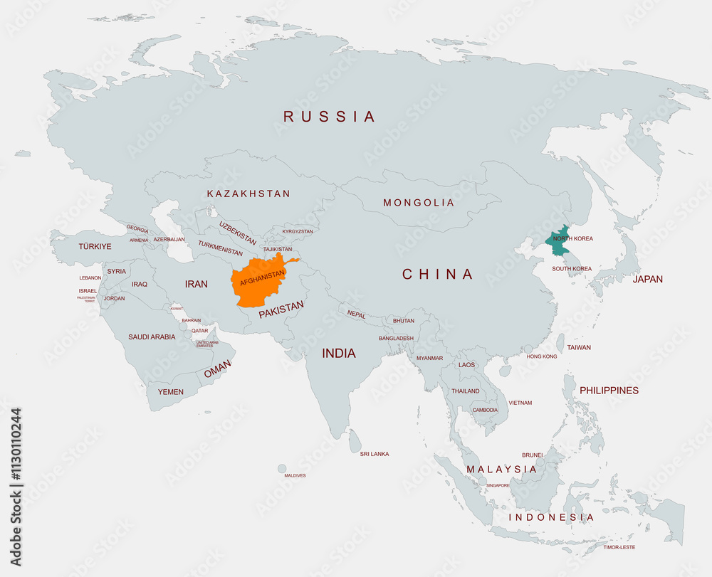 Obraz premium Political Map of Asia Highlighting Afghanistan and north korea With Country Names