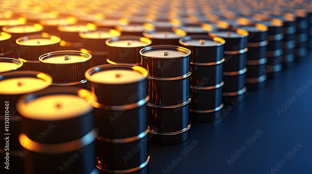 Obraz premium Oil petroleum concept. Rows of black barrels with glowing light highlighting their texture and structure.