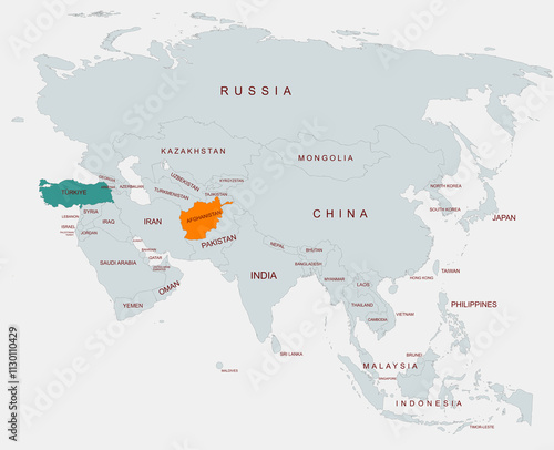 Political Map of Asia Highlighting Afghanistan and  turkey With Country Names