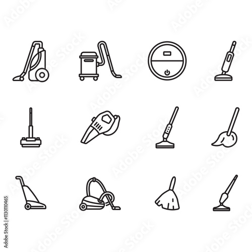 Collection of floor cleaning tools icons. Thin line vector. Contains icons such as vacuum cleaner, floor broom, mop.