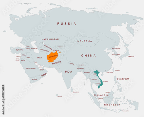 Political Map of Asia Highlighting Afghanistan and  vietnam With Country Names