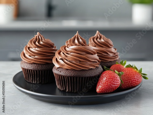 A plate of chocolate cupcakes topped with swirls of frosting and fresh strawberries.
