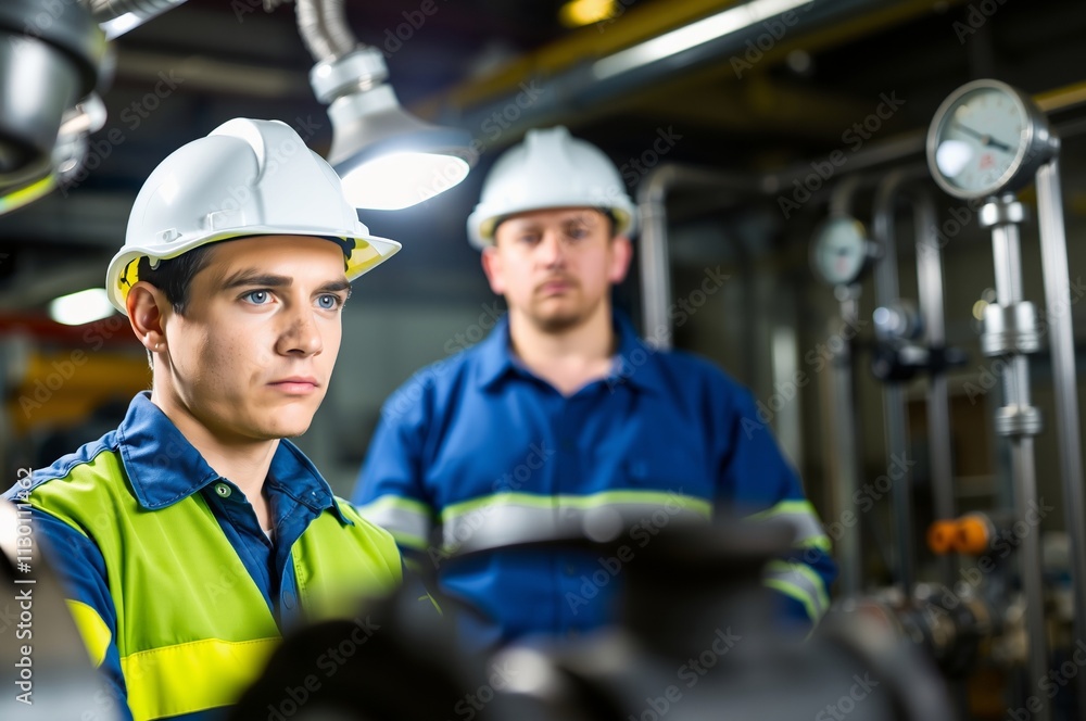 Fototapeta premium Two Male Engineers in Safety Gear Working in Industrial Environment
