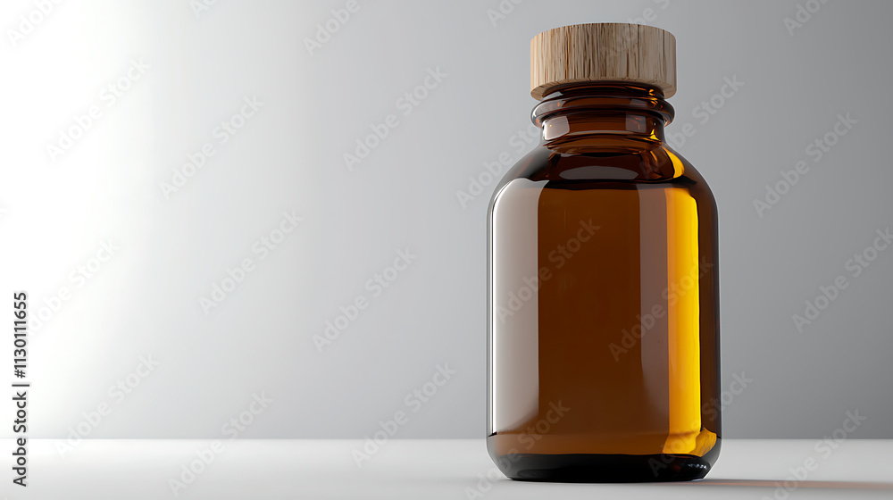 A brown bottle with a wooden lid sits on a table A brown bottle with a wooden lid sits on a table