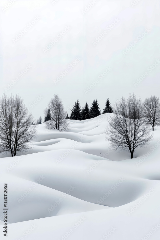 Fototapeta premium A snow covered field with trees in the distance