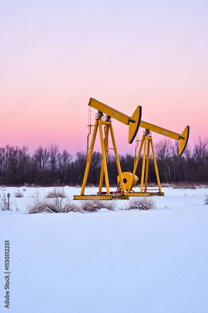 Fototapeta premium Winter Landscape with Yellow Oil Pumps at Dusk in Snowy Terrain