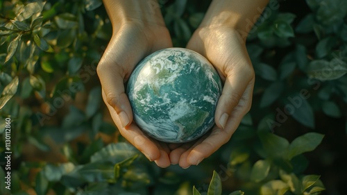 hands holding the Earth , symbolizing environmental protection and sustainability , set against an outdoor background,generative ai photo