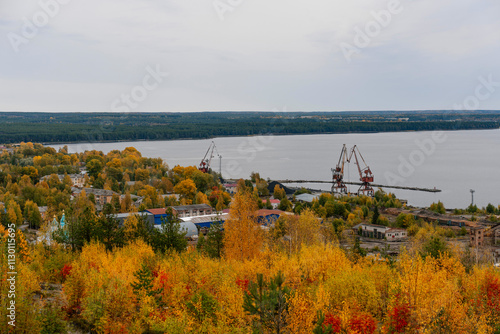 Top view of autumn Medvezhyegorsk from Bear Mountain photo