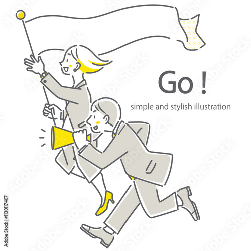 応援するポジティブなビジネスパーソン　シンプルでお洒落な線画イラスト