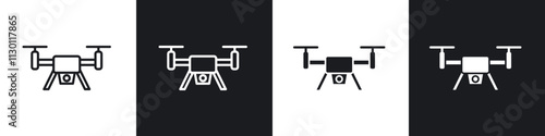 Drone icons pack in black and white filled and outlined versions.