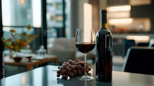 A bottle of red wine and a wine glass are on a table in a living room photo