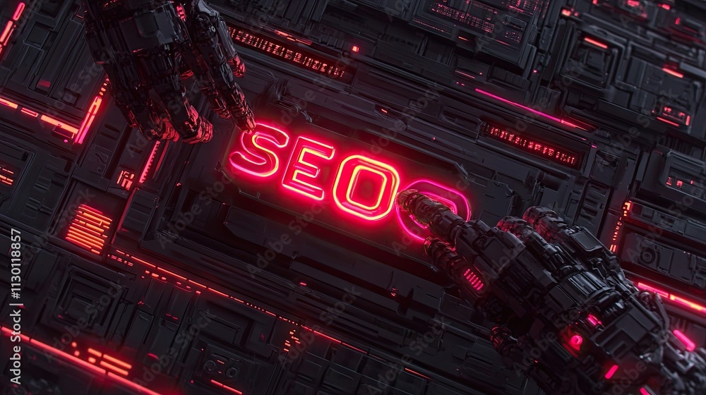 Obraz premium Futuristic Robot Hands Interacting with Neon SEO Sign on Circuit Board