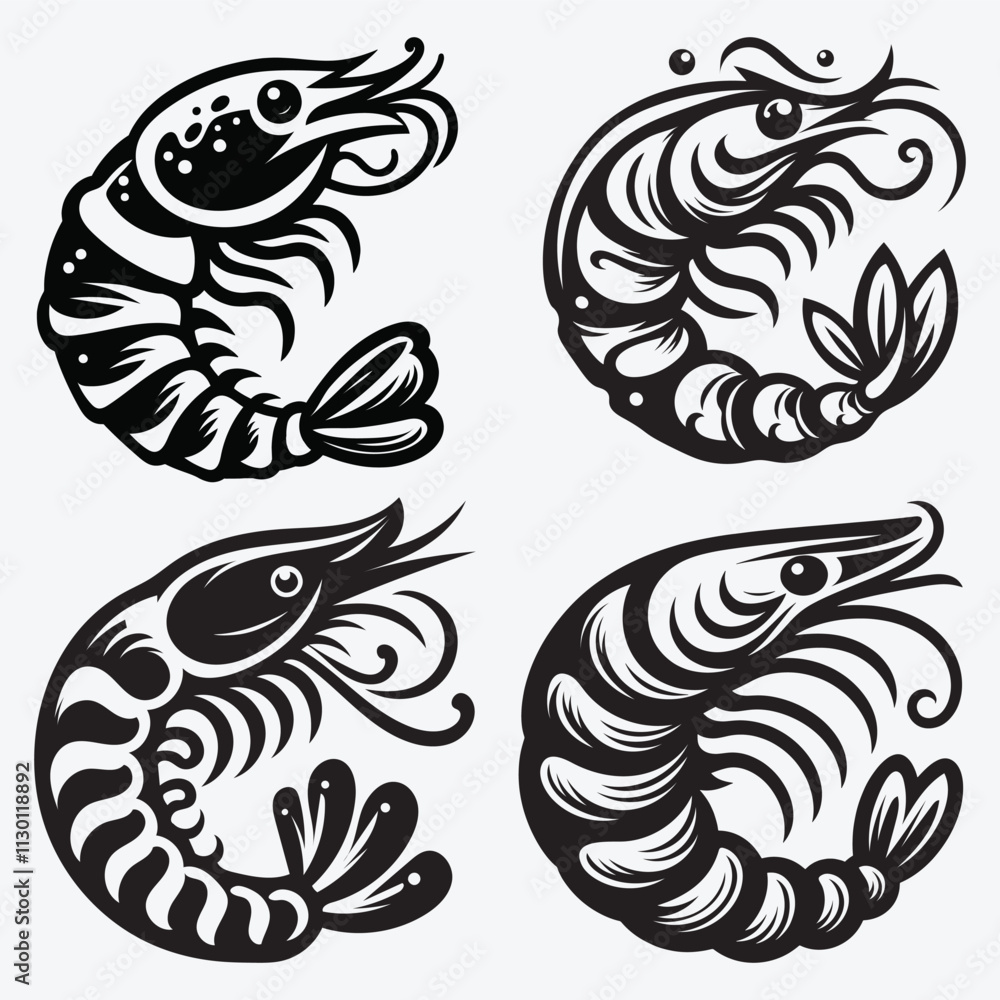 Fototapeta premium Shrimp Fish Silhouette Elegant Vector Clip Art Illustration Isolated on White Background