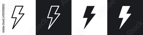 Lightning icons pack in black and white filled and outlined versions.