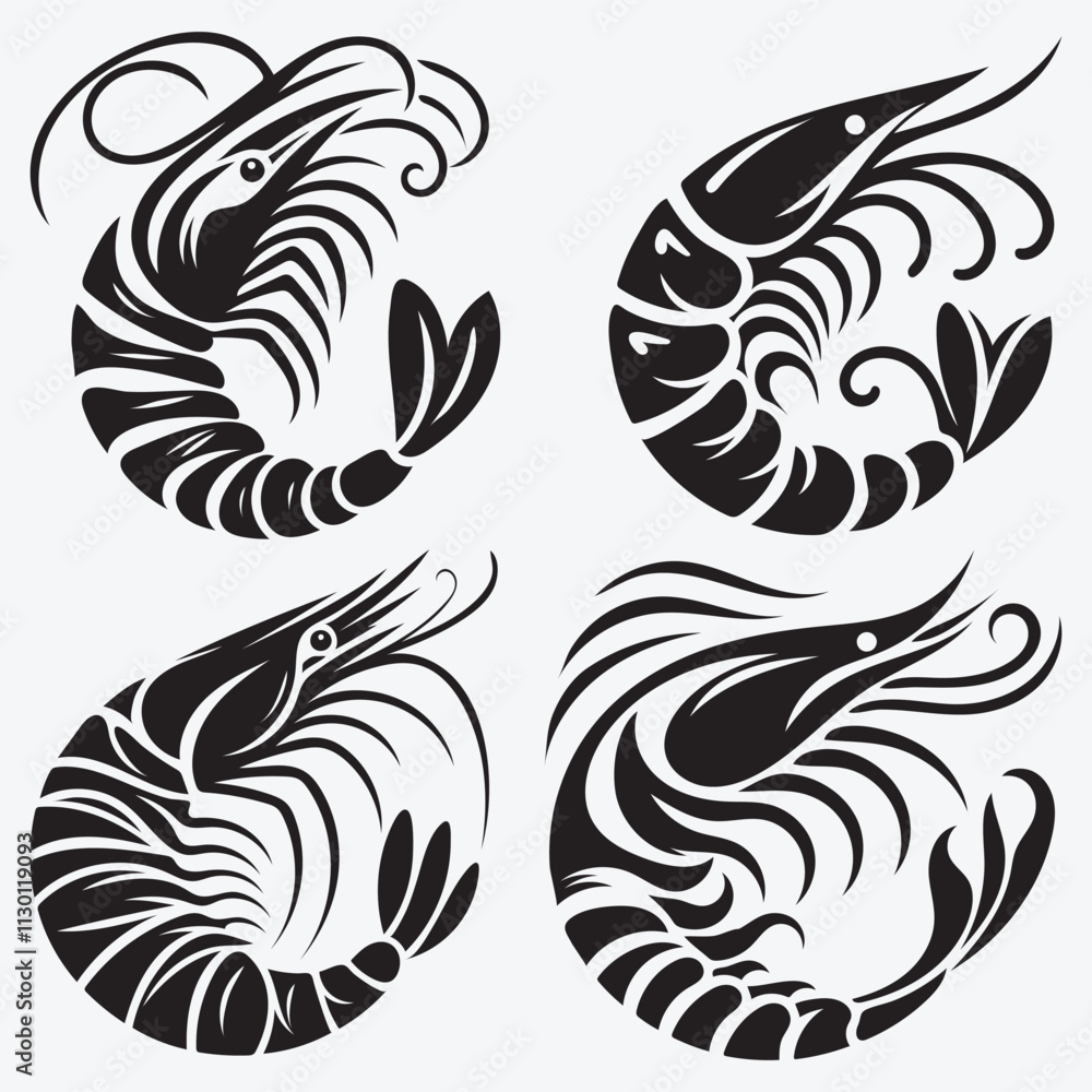 Obraz premium Shrimp Fish Silhouette Elegant Vector Clip Art Illustration Isolated on White Background